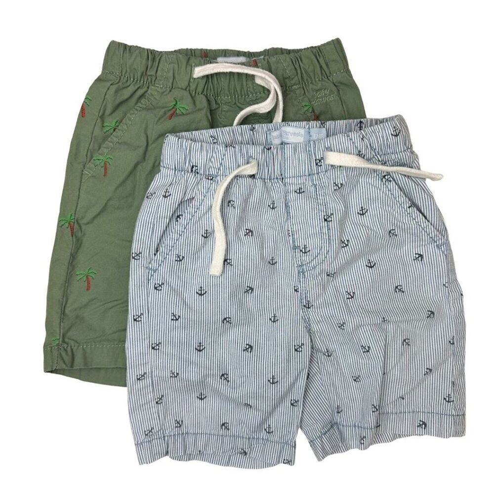 Baby Harvest Set of 2 Shorts Blue, White Stripes & Green with Palm Print 12/18